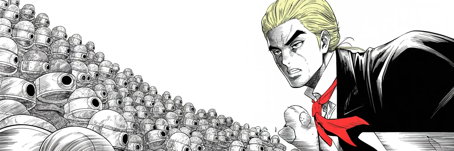 Manga panel 5 of 5, Week 192 “The Report”: And with the tide turning his way he brands the hostile press once more as the enemy of the people.