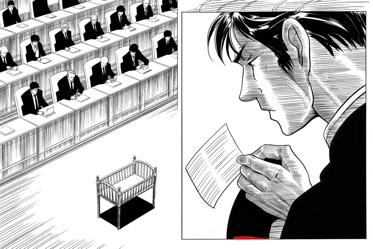 Manga panel 3 of 4, Week 193 “The Report”: He turns a failed vote into a moral thunderclap, accusing the enemy of an abortion stance so extreme it forsakes the newborn.