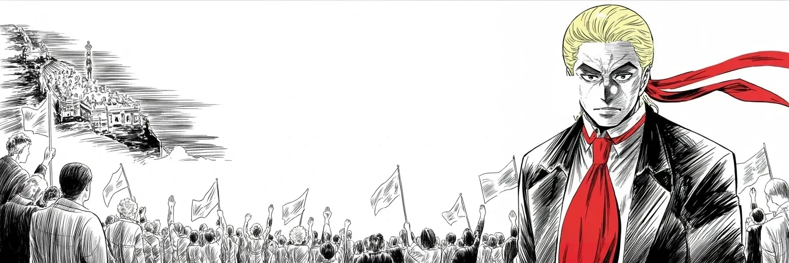 Manga panel 4 of 4, Week 193 “The Report”: And he lifts his gaze abroad, blessing an uprising in a suffering nation as his own standing at home climbs.