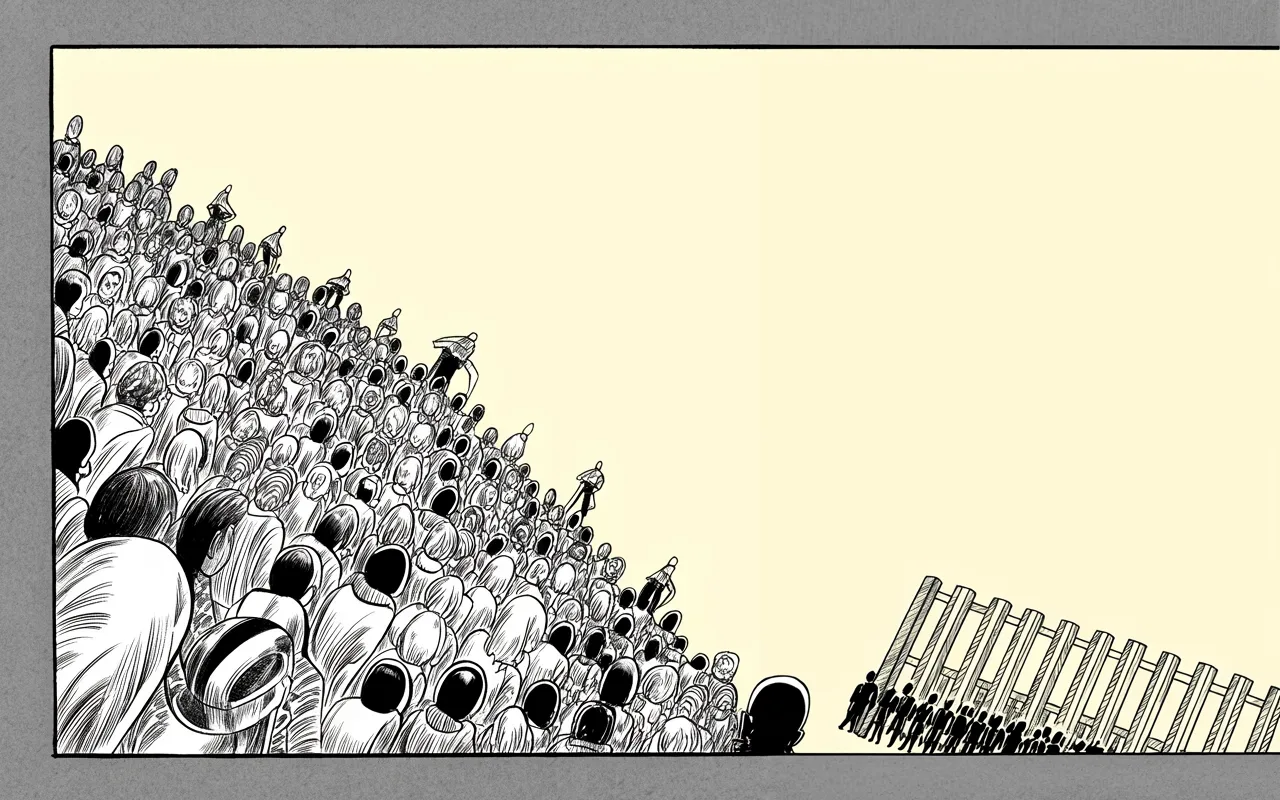 Manga panel 3 of 4, Week 195 “The Report”: He warns of a historic flood at the border — a million on track to cross in a single year — and praises the guards holding a broken system.