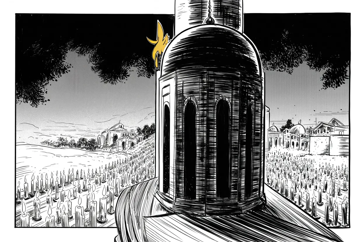 Manga panel 2 of 4, Week 196 “The Report”: He pauses the war for grief, sending the nation's sympathy to a far country struck by a massacre at prayer.