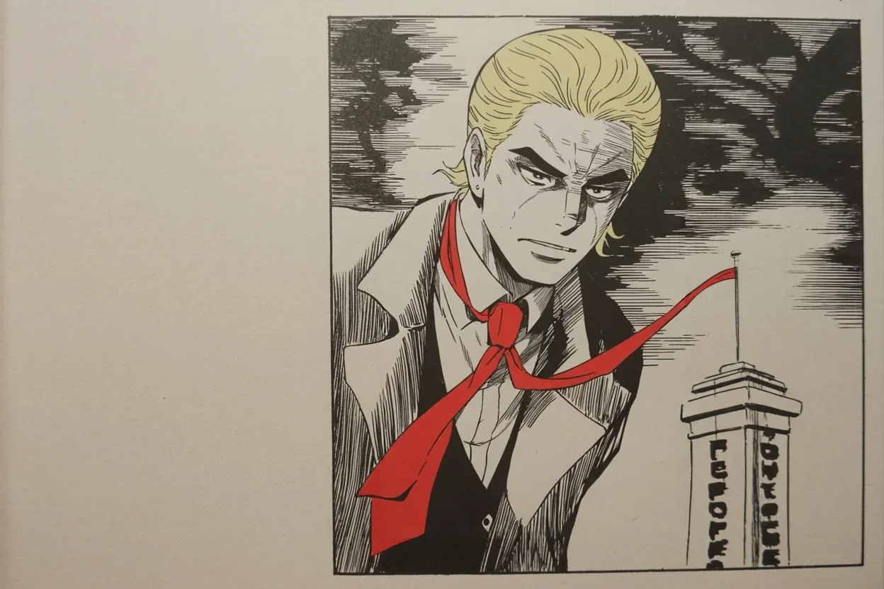 Manga panel 3 of 4, Week 196 “The Report”: He bats down the talk of impeachment, insisting he did nothing wrong while the economy and the country soar.