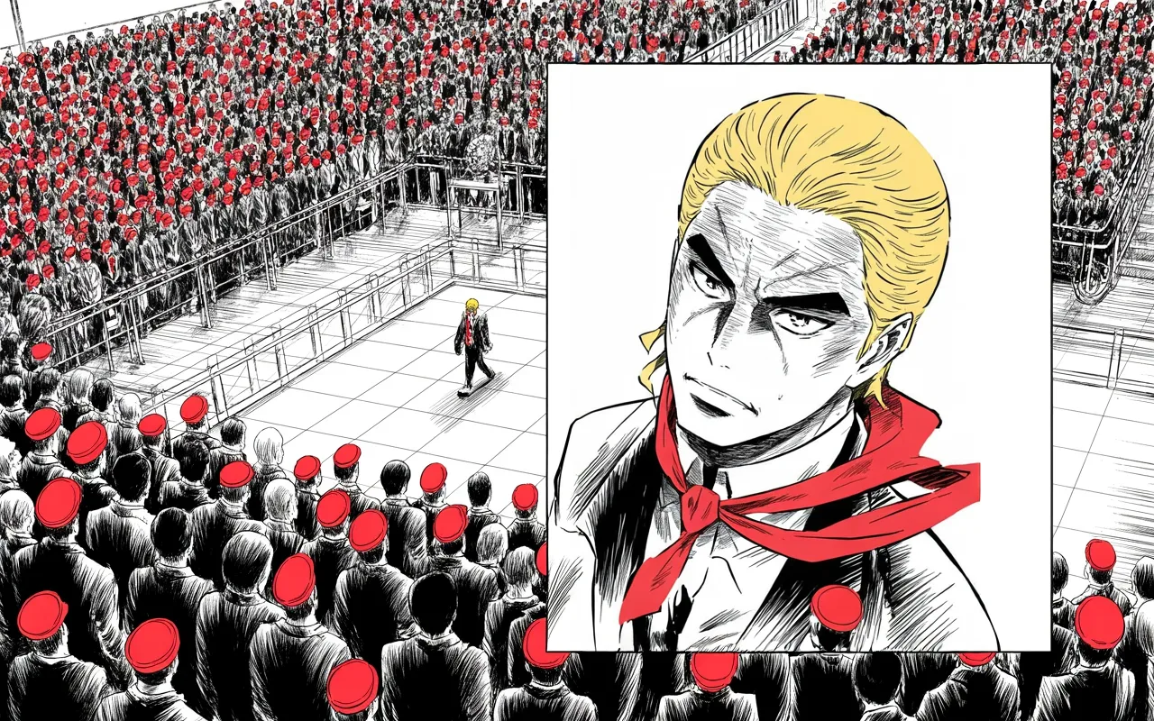 Manga panel 3 of 4, Week 198 “The Report”: He carries the victory to the faithful, roaring to a massive overflow crowd that the fight was worth it.