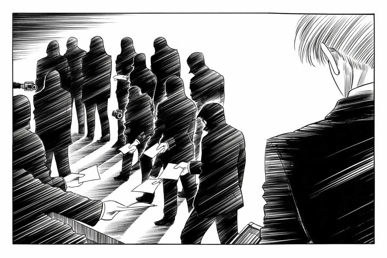 Manga panel 3 of 4, Week 199 “The Report”: He casts the prosecutor's team as thirteen angry haters leaking against him, in a press for whom sources no longer matter.