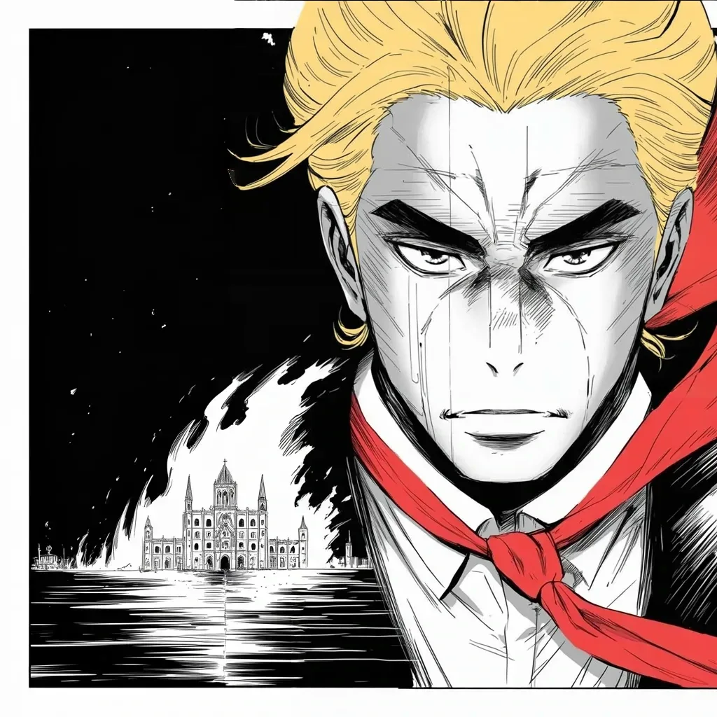 Manga panel 2 of 5, Week 200 “The Report”: The war stops for a moment of shared grief as a beloved cathedral burns in a foreign capital, and he watches in horror.