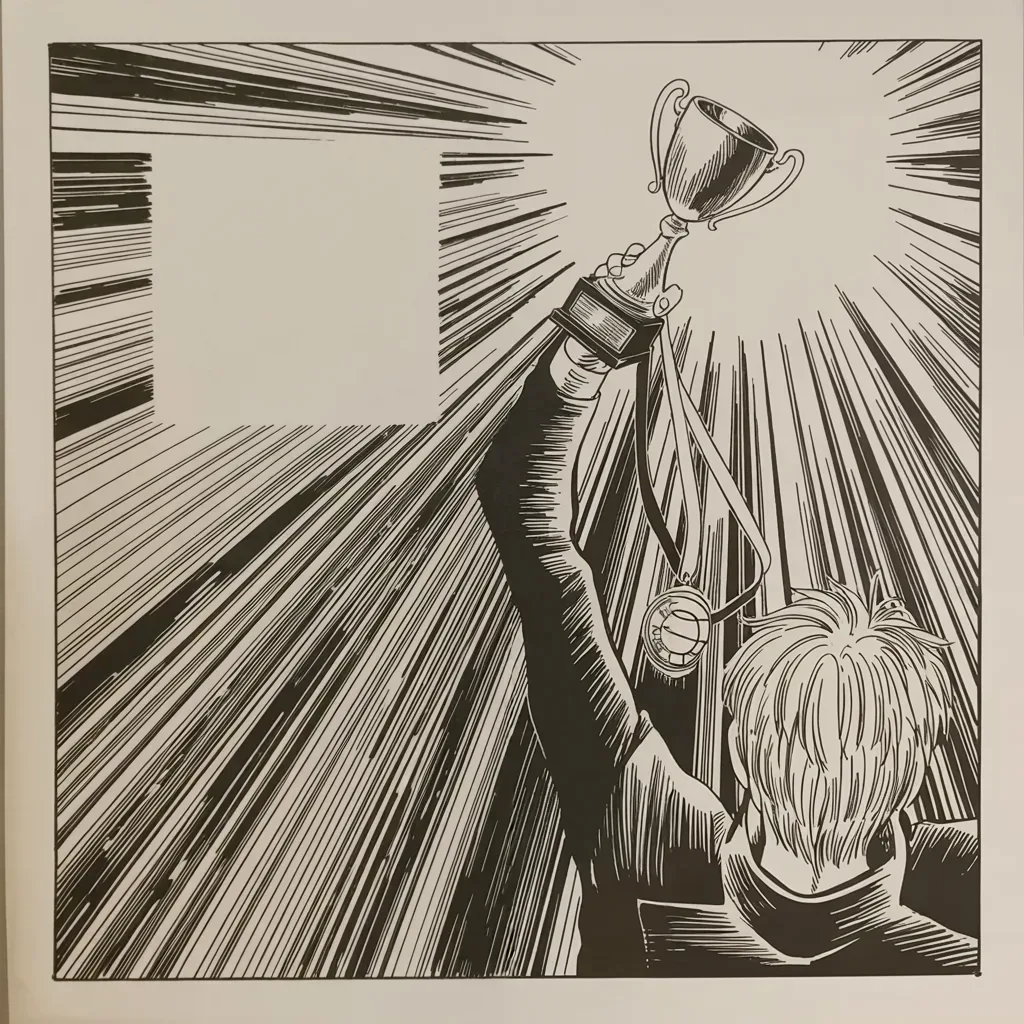 Manga panel 3 of 5, Week 200 “The Report”: He allows himself a beat of pure admiration for a fallen champion's comeback, and vows to crown him with the nation's highest honor.