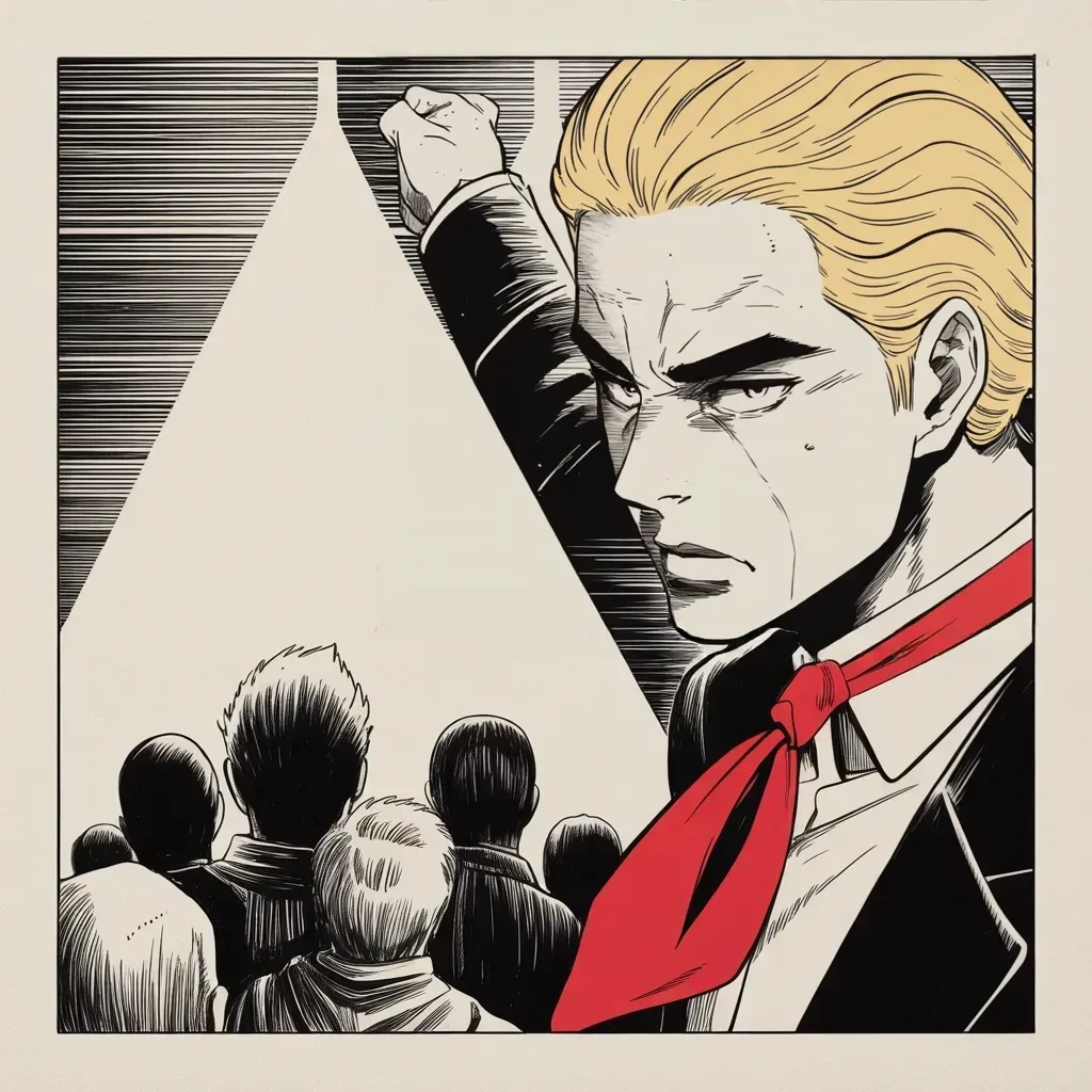 Manga panel 3 of 5, Week 201 “The Report”: He turns the tables, demanding how a president can be impeached for a crime he says the other side committed, and calls it all a Democrat plot.