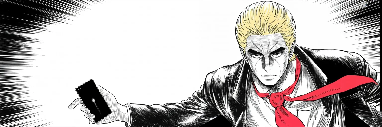 Manga panel 5 of 5, Week 201 “The Report”: He closes the chapter with the old war-cry of grievance, victorious at last — even as, unseen, the next battle over a single phone call begins to dial.