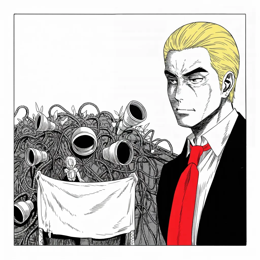 Manga panel 2 of 5, Week 205 “The Campaign”: He names the thing he believes was done to his campaign, and he uses the oldest word in the book for it.
