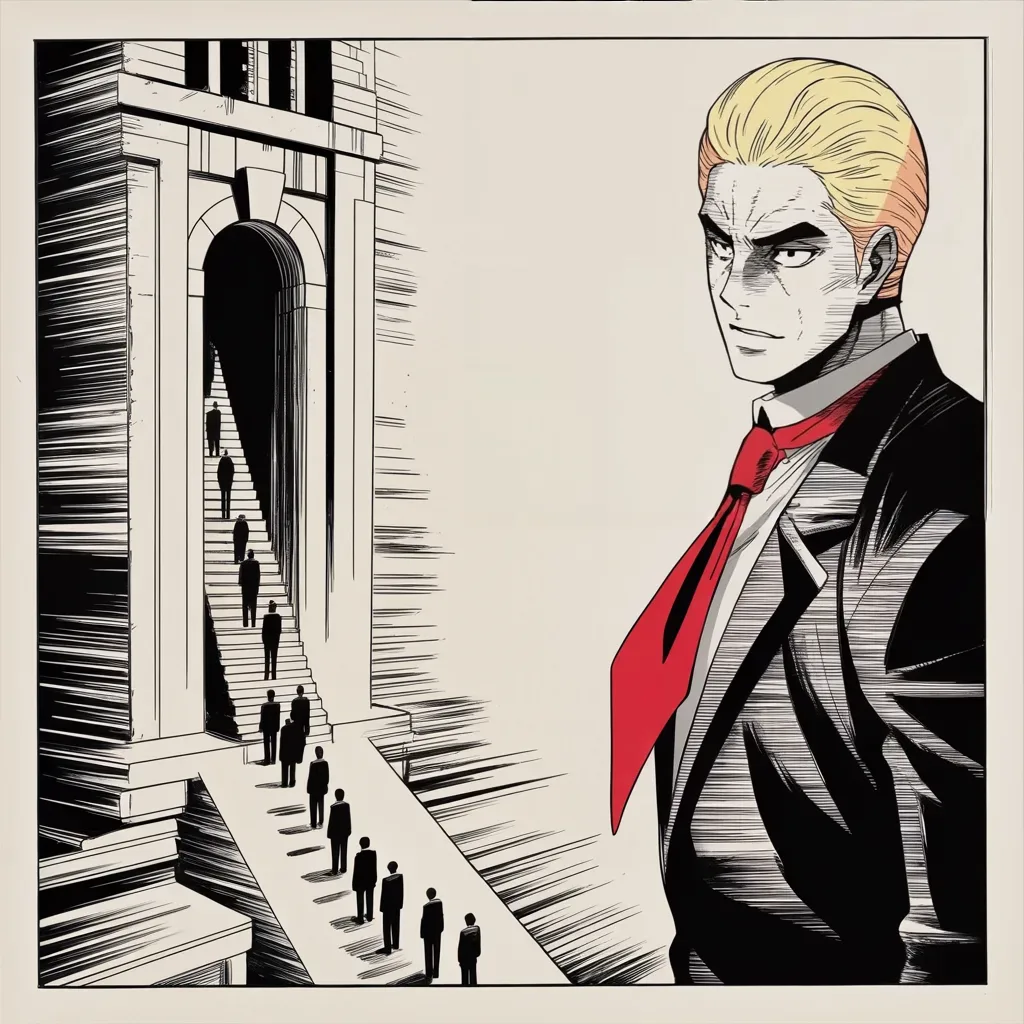 Manga panel 3 of 5, Week 205 “The Campaign”: On a bright spring day he unveils a new gate for the realm: lawful, ordered, and built on merit.