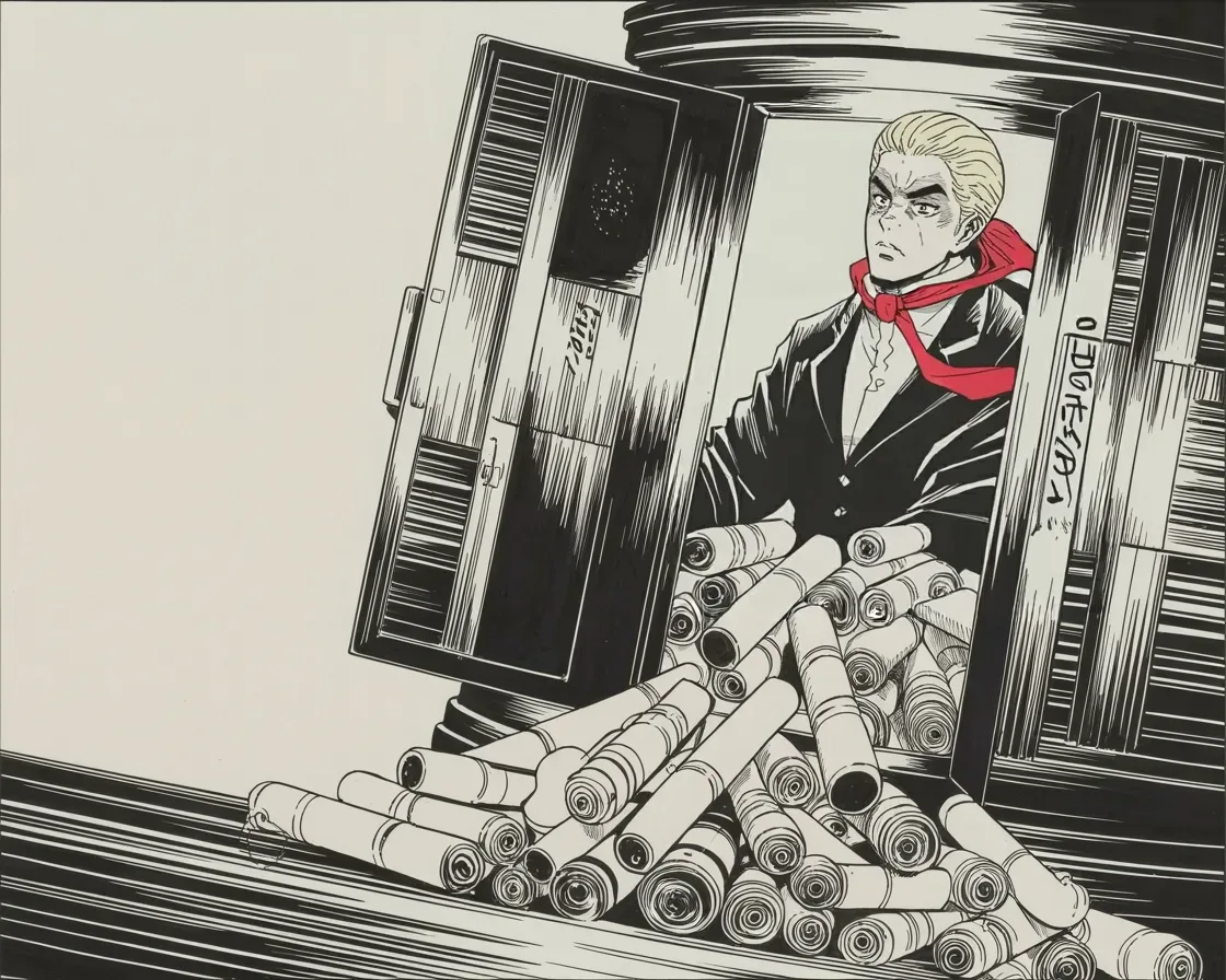 Manga panel 2 of 4, Week 206 “The Campaign”: He orders the vaults opened for the attorney general — the hunters are to be hunted now.