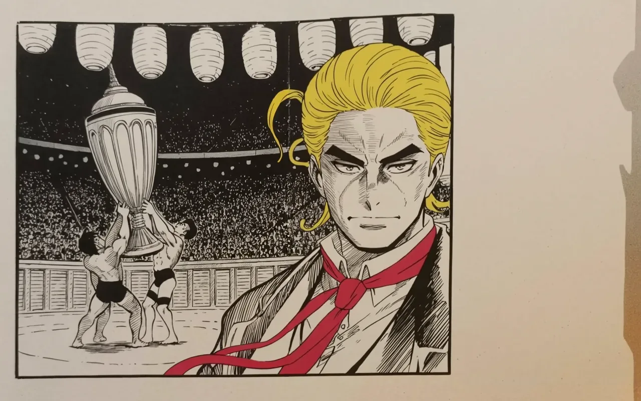 Manga panel 3 of 4, Week 206 “The Campaign”: Far to the east he crosses a ring of sand to hand a champion a cup no foreign king had ever presented before.