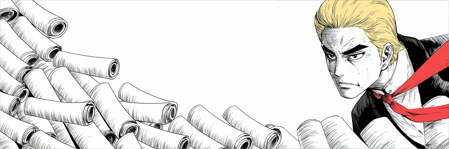Manga panel 4 of 4, Week 206 “The Campaign”: Home again, the scrolls are waiting for him, and he answers them with two words he has made his own.