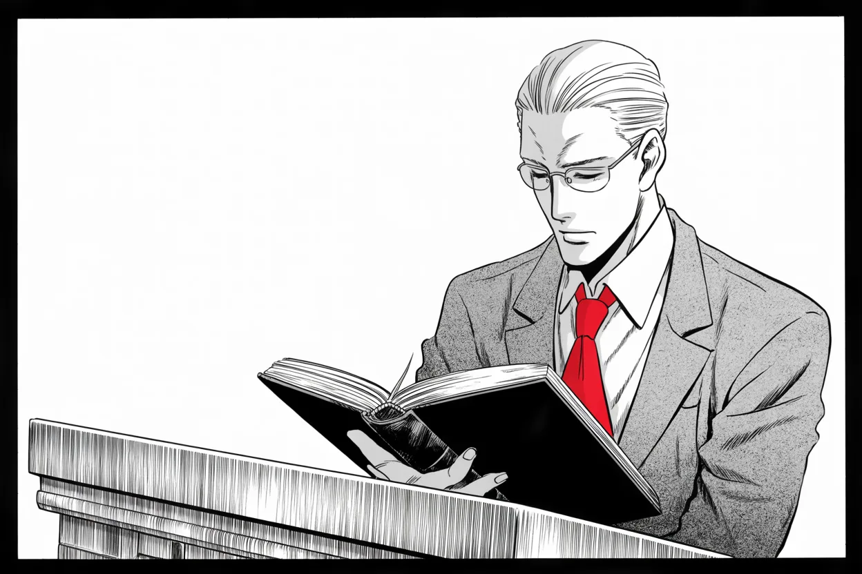 Manga panel 2 of 4, Week 207 “The Campaign”: The prosecutor speaks aloud for the first and only time, and the king hears in it only the words he wanted: the case is closed.