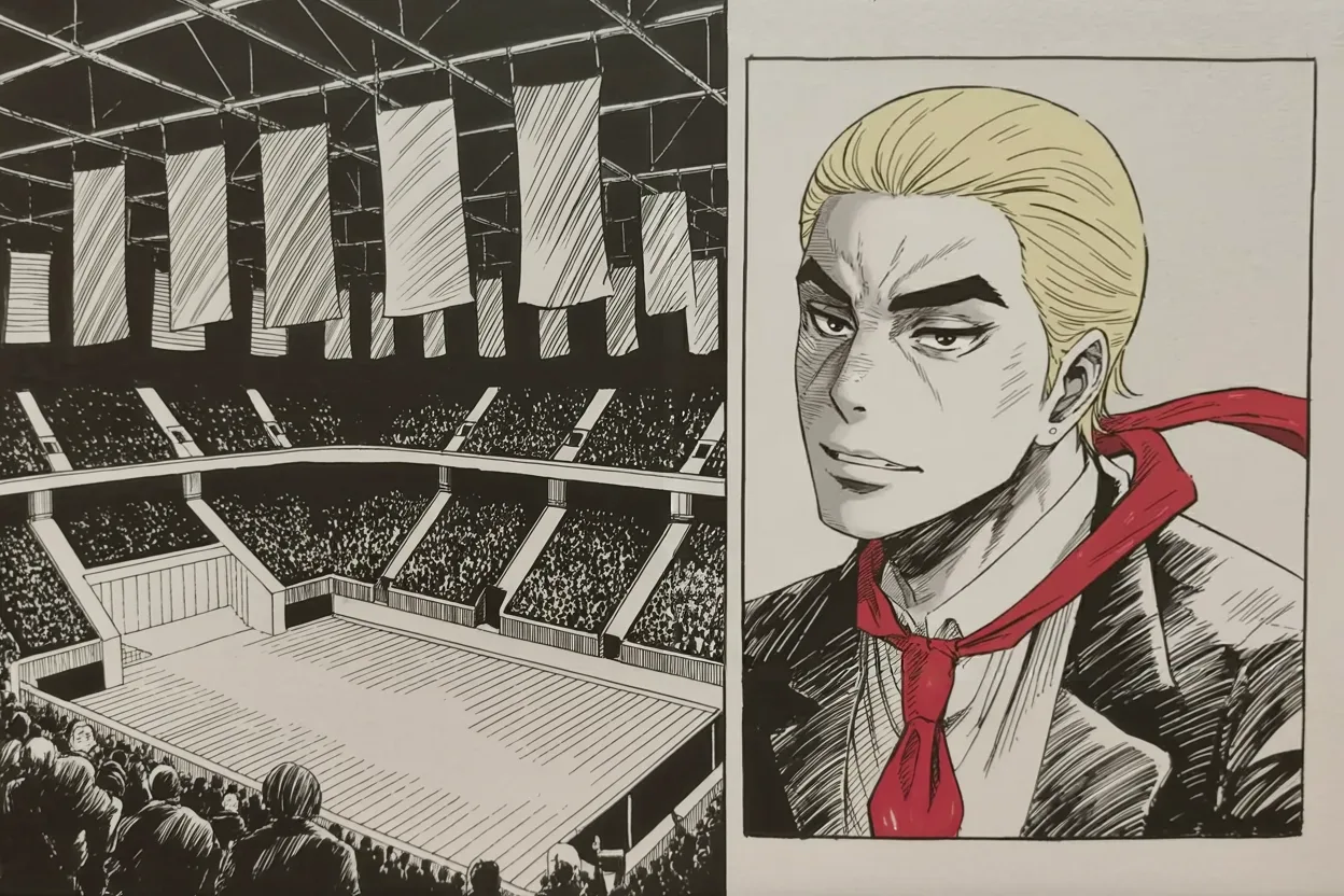 Manga panel 3 of 4, Week 207 “The Campaign”: A date and a place are set for the second run: an arena in Florida, twenty thousand seats, and a stage waiting.