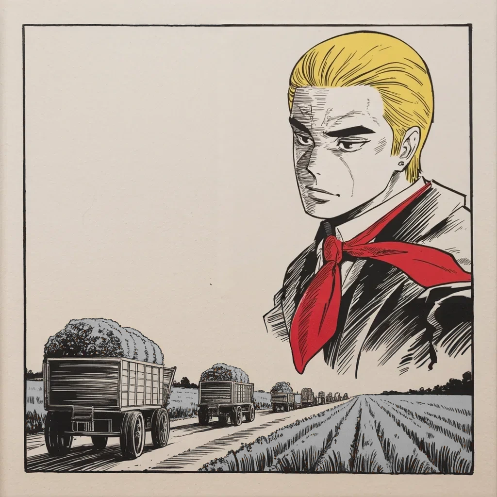 Manga panel 2 of 5, Week 208 “The Campaign”: The bargain, he announces in capitals, will be paid for in grain bought from his own farmers.