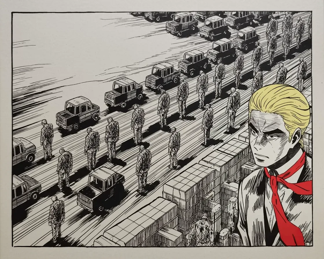 Manga panel 2 of 4, Week 209 “The Campaign”: He announces that the removals begin next week, as fast as they come in.