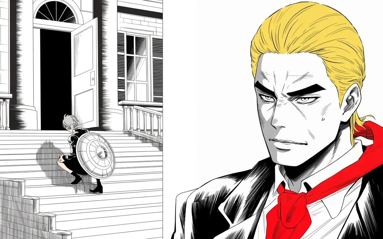 Manga panel 3 of 4, Week 209 “The Campaign”: His shield-bearer of three and a half years lays the shield down and goes home.