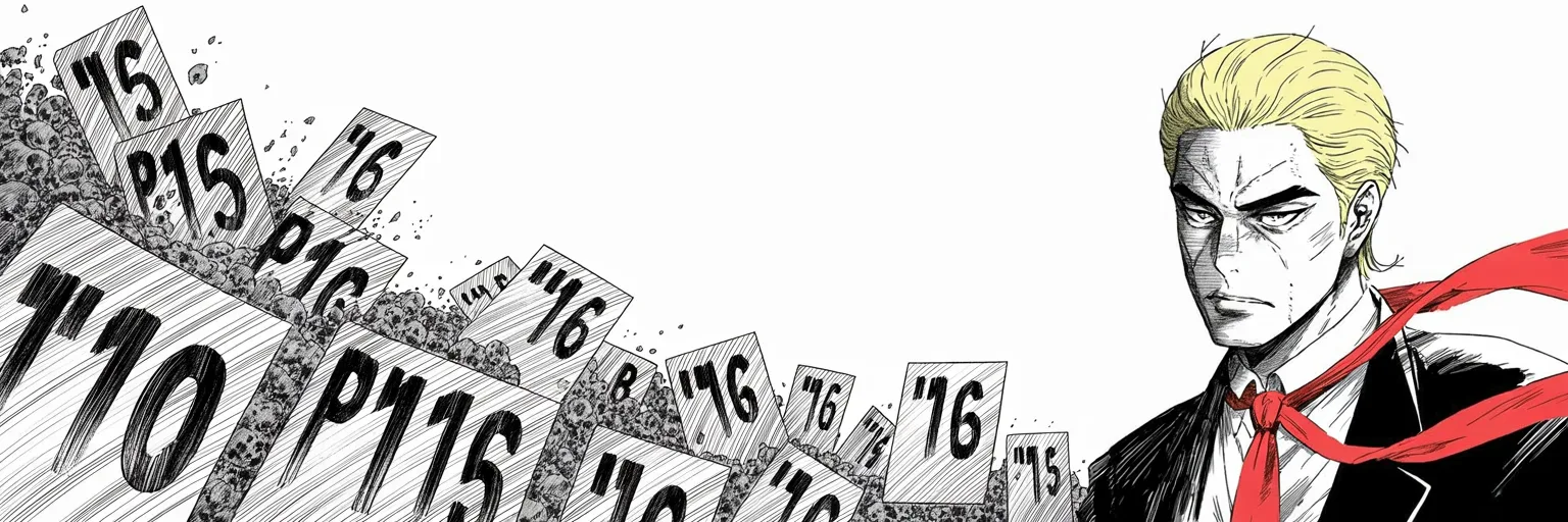 Manga panel 4 of 4, Week 209 “The Campaign”: The numbers that show him losing are dismissed as forgeries, and he turns his face toward tomorrow night.