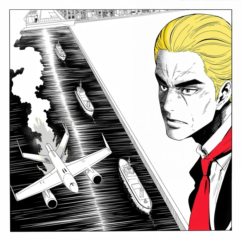 Manga panel 3 of 5, Week 210 “The Campaign”: Over the narrow water a machine of his is shot out of the sky, and the answer comes in six words.
