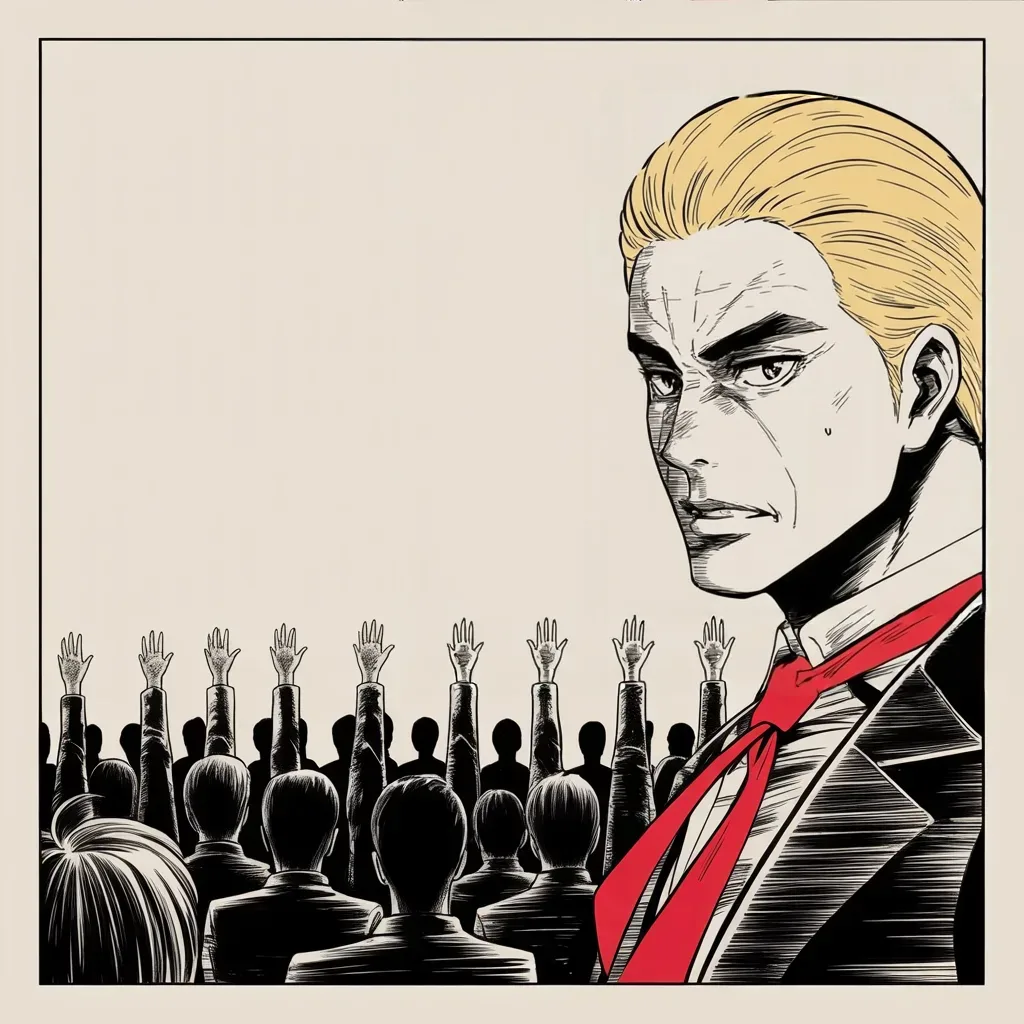 Manga panel 2 of 5, Week 211 “The Perfect Call”: Every hand on the stage goes up at once, and he tells the realm exactly what he thinks it just watched them promise.