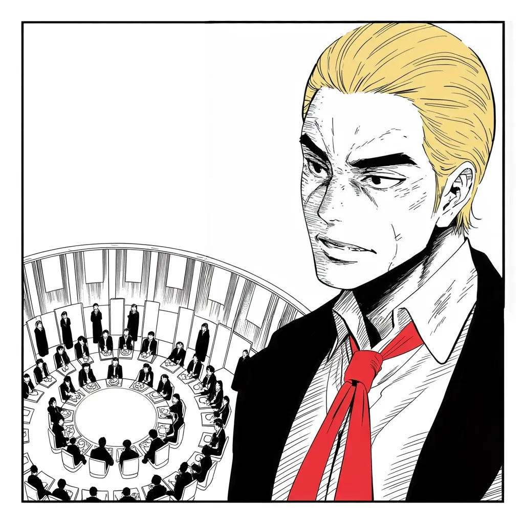Manga panel 3 of 5, Week 211 “The Perfect Call”: At the summit of nations he sits down with the eastern emperor and comes away with a truce on the tariffs.