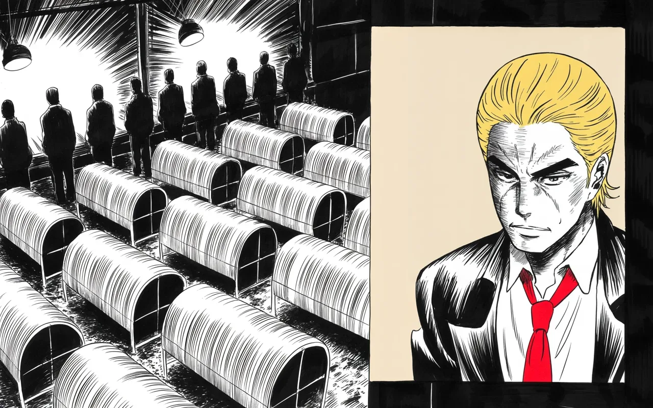 Manga panel 3 of 4, Week 212 “The Perfect Call”: Reports come out of the border pens, and his answer to the conditions there is a single flat sentence.