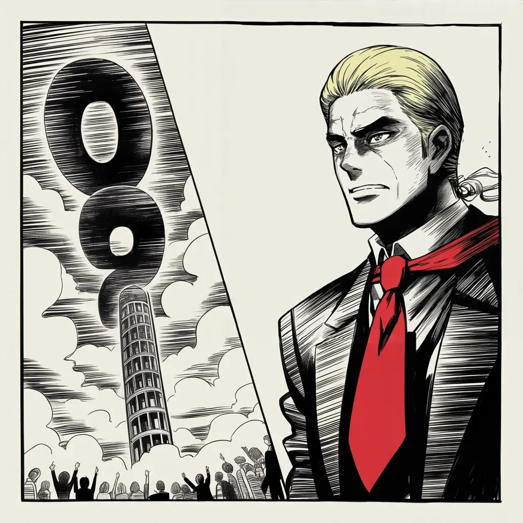 Manga panel 3 of 5, Week 213 “The Perfect Call”: In the middle of the storm the great ledger breaks another ceiling, and he stops to salute it.