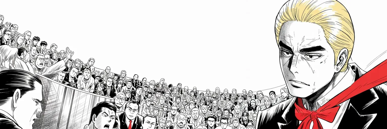 Manga panel 5 of 5, Week 213 “The Perfect Call”: The chamber erupts, and he demands the apology instead of giving one.
