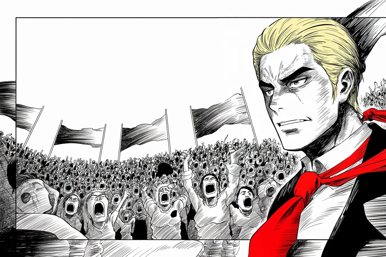 Manga panel 2 of 4, Week 214 “The Perfect Call”: In a packed arena the crowd turns his sentence into a three-word chant, and he marvels at the fuss it causes.