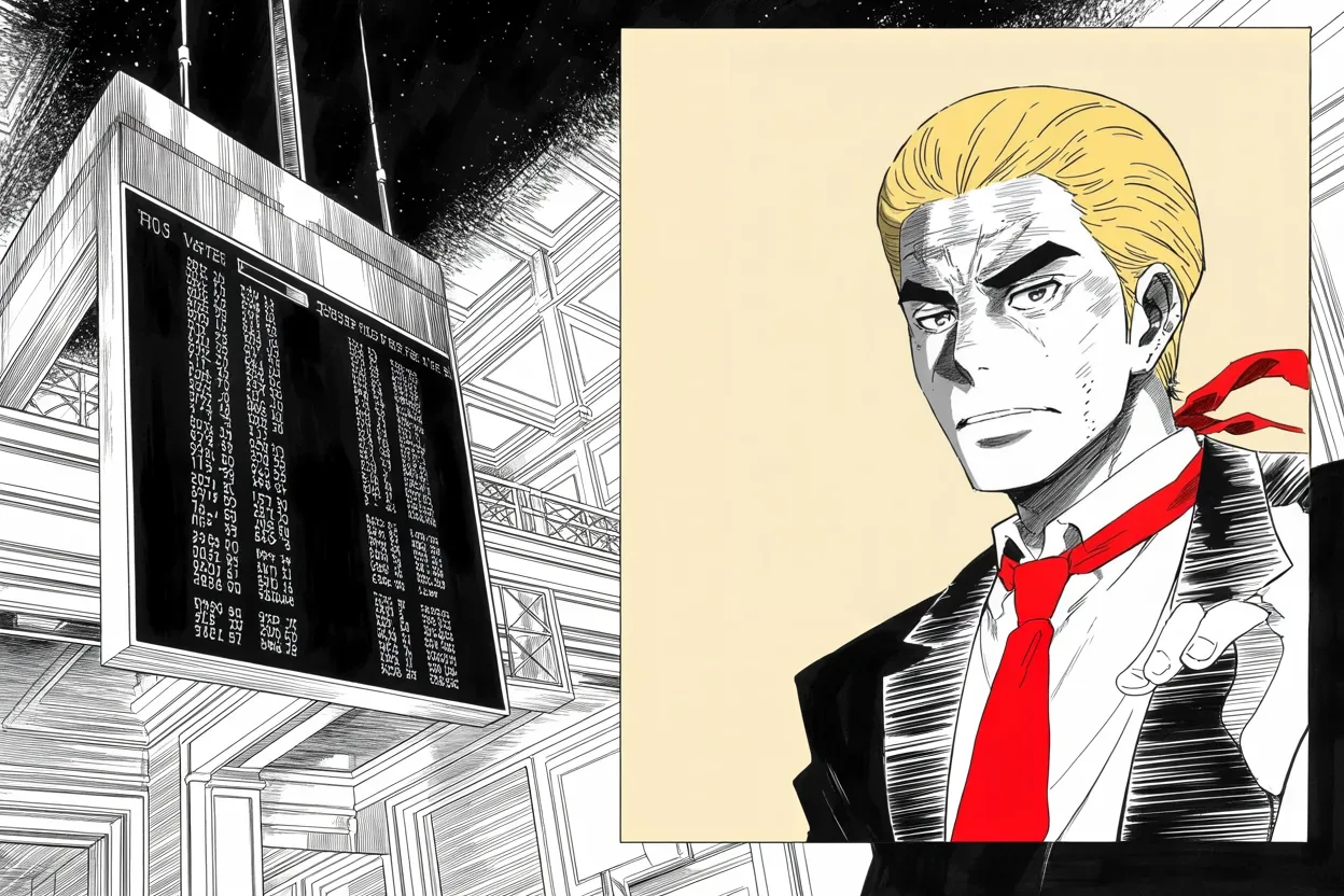 Manga panel 3 of 4, Week 214 “The Perfect Call”: The chamber's own attempt to remove him dies on the board, three hundred and thirty-two to ninety-five.