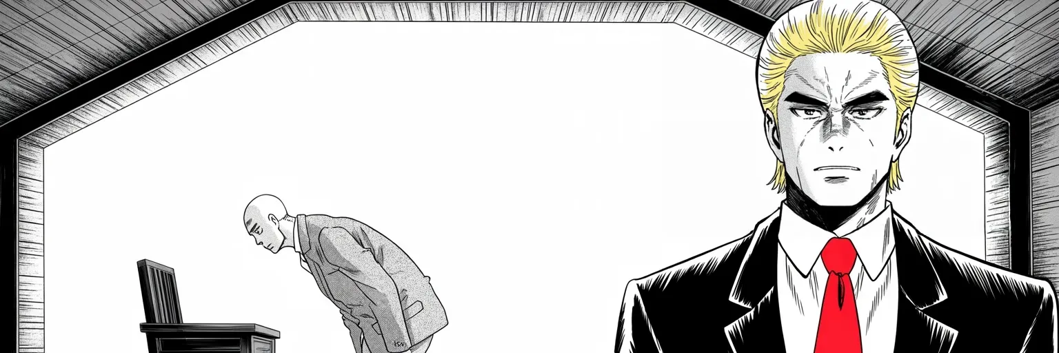 Manga panel 4 of 4, Week 214 “The Perfect Call”: And the prosecutor is dragged back for one more turn in the chair, which the king calls a second bite at the apple.