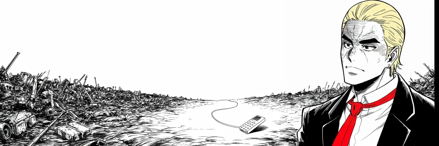 Manga panel 5 of 5, Week 215 “The Perfect Call”: He stands alone on an empty field at dawn, victorious at last, with a single thin cable running out of the frame behind him.