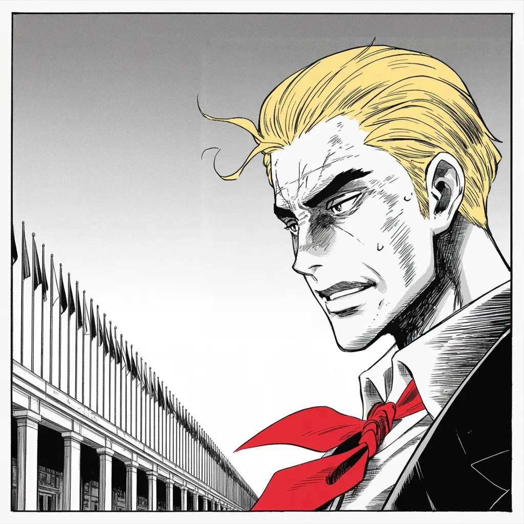Manga panel 3 of 5, Week 216 “The Whistleblower”: He orders every flag in the realm lowered, and the colonnades fill with half-staff banners.