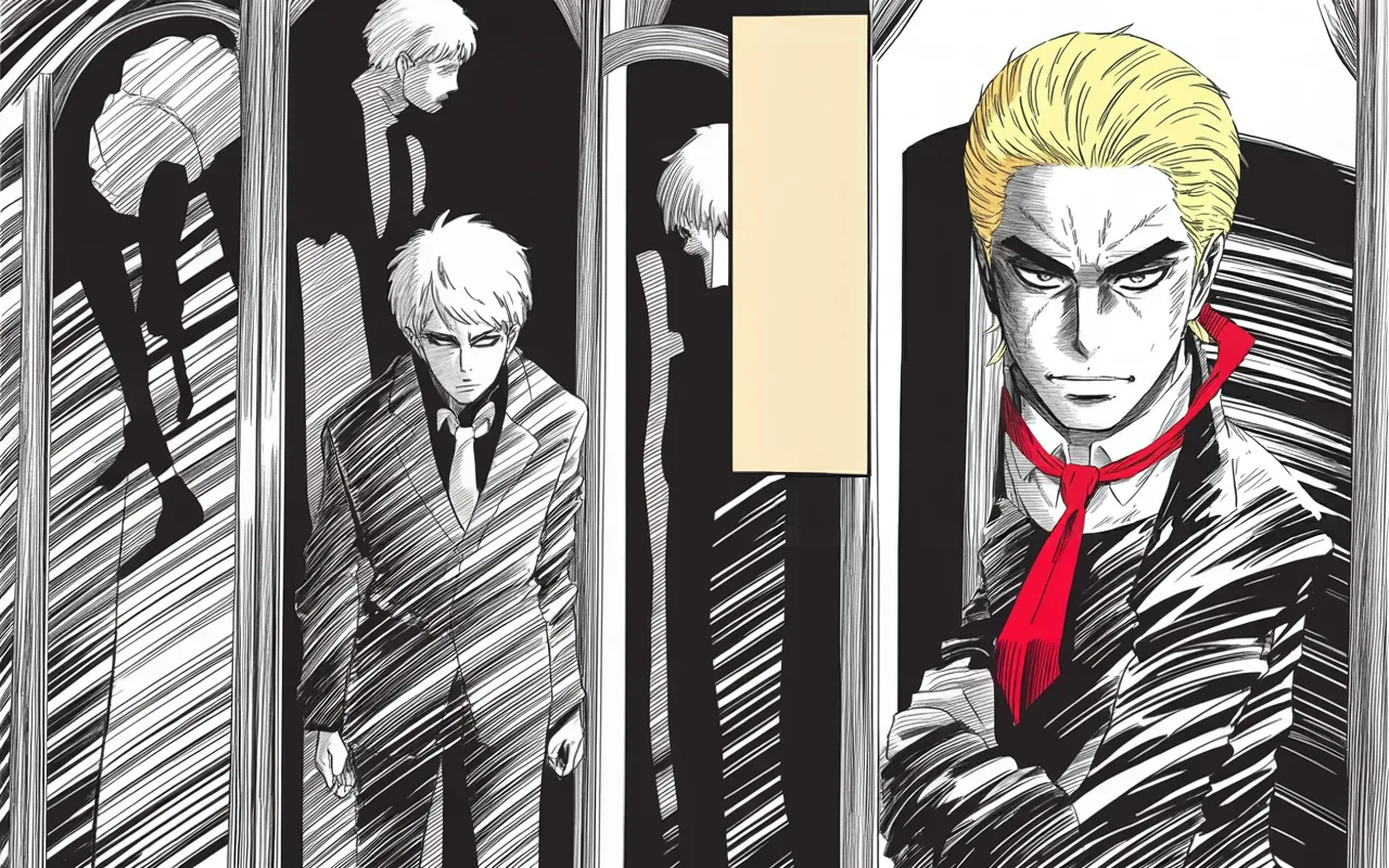 Manga panel 3 of 4, Week 217 “The Whistleblower”: Across the field the old rival stumbles over a sentence, and the king takes the whole man from it.
