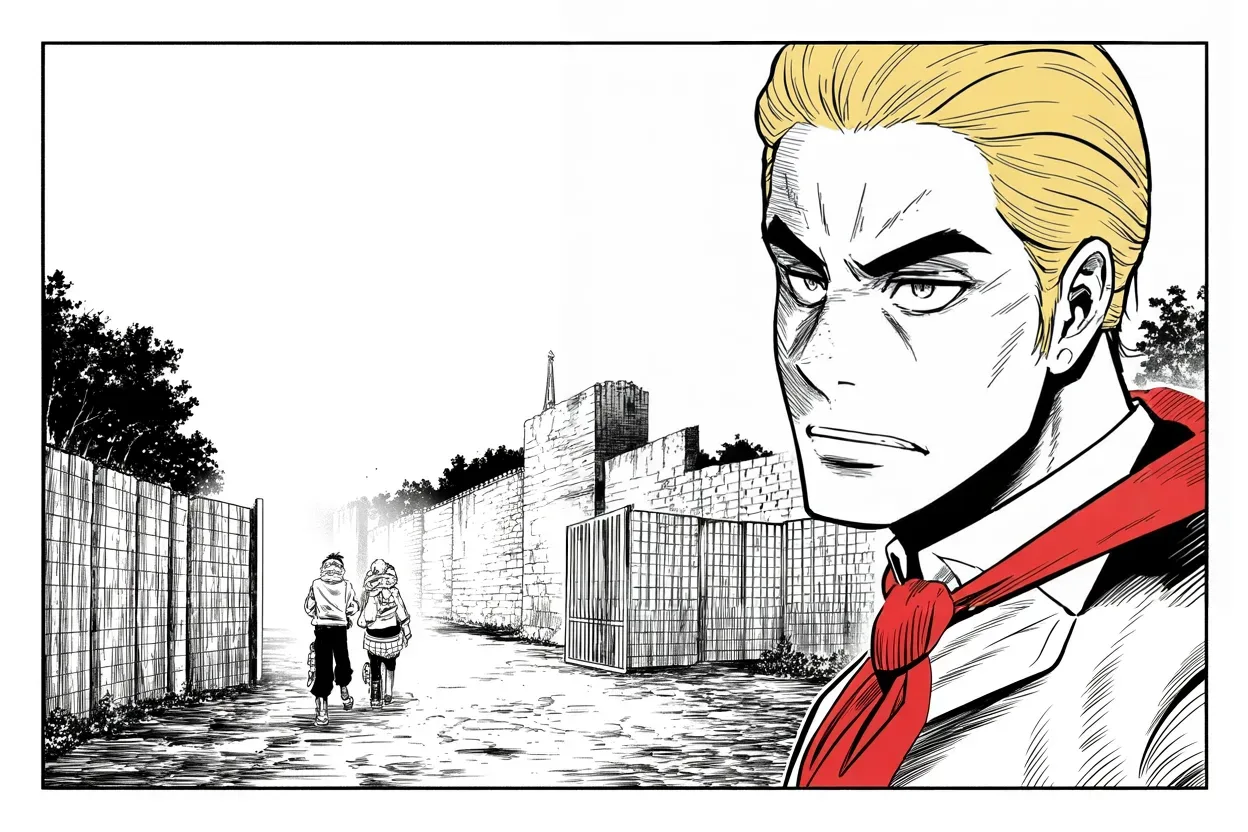 Manga panel 2 of 4, Week 218 “The Whistleblower”: He tells an allied kingdom that letting two of his enemies in would be a sign of weakness — and the gate shuts.