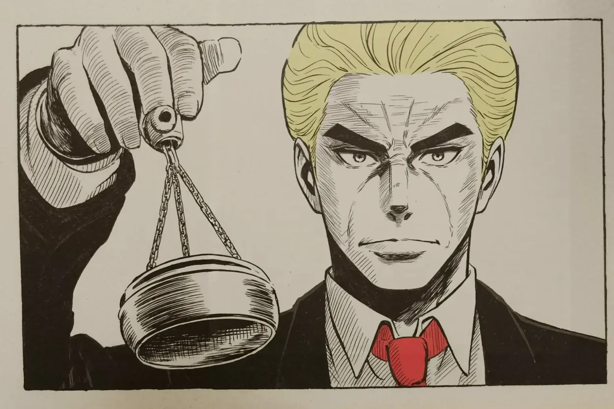 Manga panel 3 of 4, Week 218 “The Whistleblower”: A report crosses his desk claiming a machine moved millions of votes against him, and he repeats it as fact.