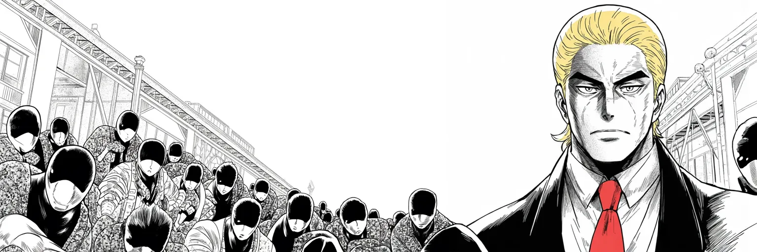 Manga panel 4 of 4, Week 218 “The Whistleblower”: And he floats naming the black-clad street fighters an organisation of terror.