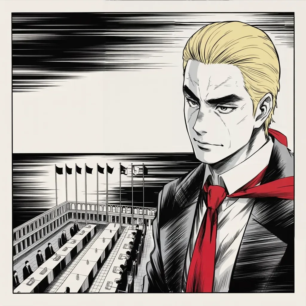 Manga panel 3 of 5, Week 219 “The Whistleblower”: At the council of seven he insists the reports of tension are invented, and that the meetings are going very well.
