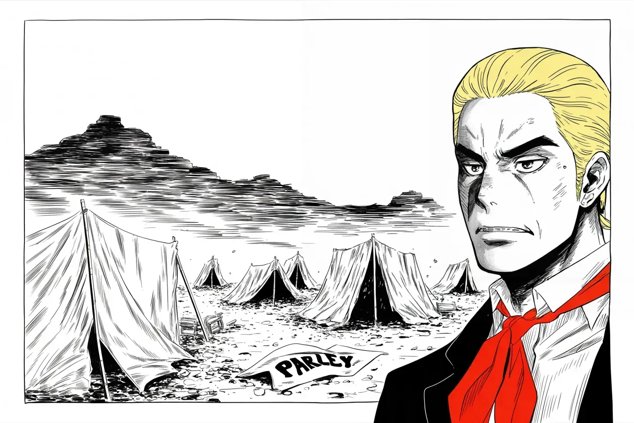 Manga panel 2 of 4, Week 221 “The Whistleblower”: A secret parley with a mountain enemy dies over twelve dead, and he calls the whole thing off.