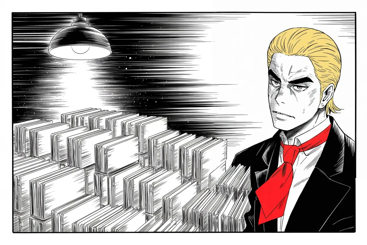 Manga panel 3 of 4, Week 221 “The Whistleblower”: He returns to his own demand: open the files and show the realm how the hunt began.
