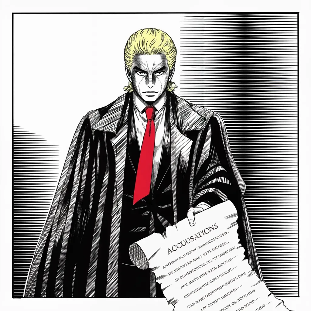 Manga panel 2 of 5, Week 222 “The Whistleblower”: An old smear is aimed again at his own judge, and he tells him to start suing.