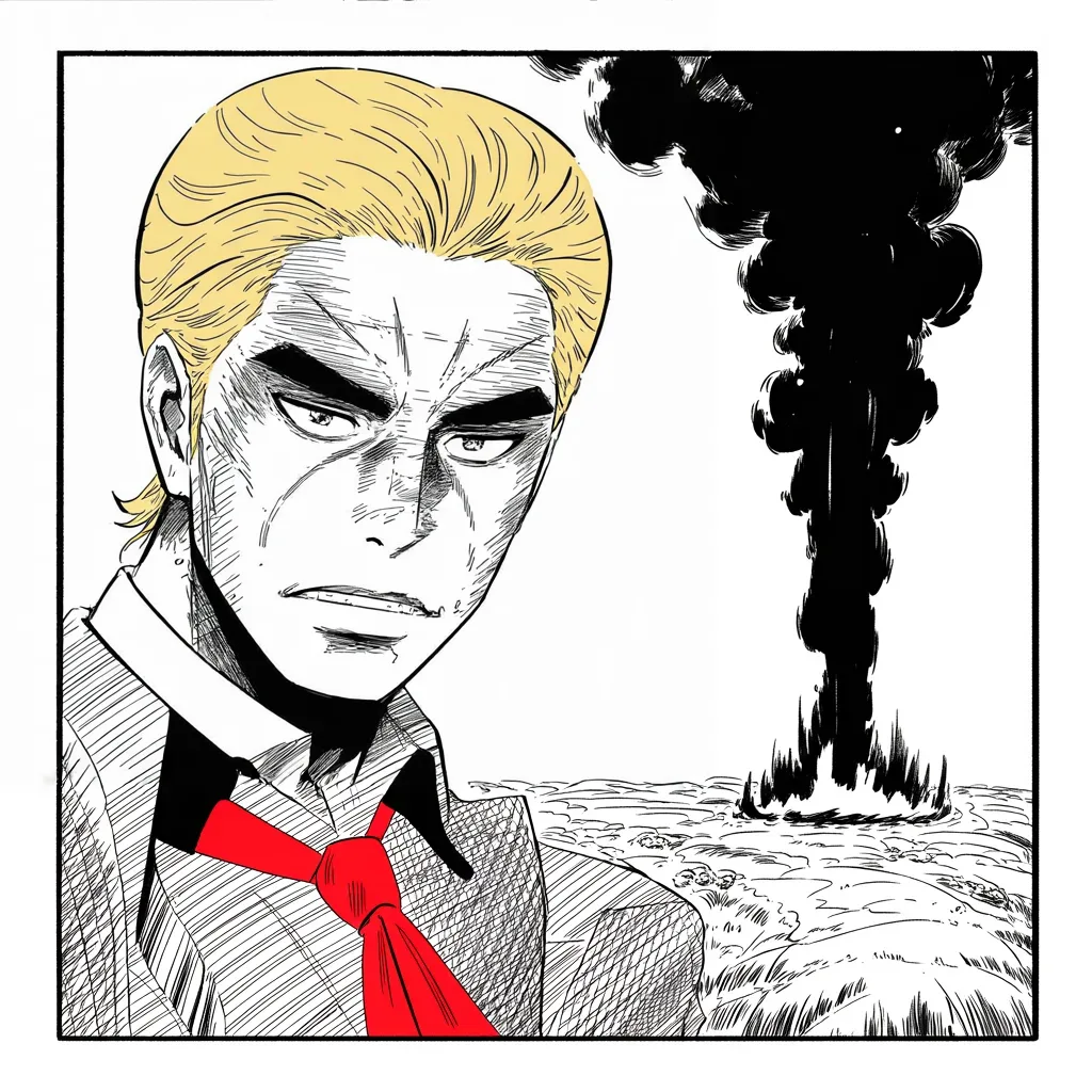 Manga panel 4 of 5, Week 222 “The Whistleblower”: Half a kingdom's oil burns in the desert, and his answer to the panic is two words.