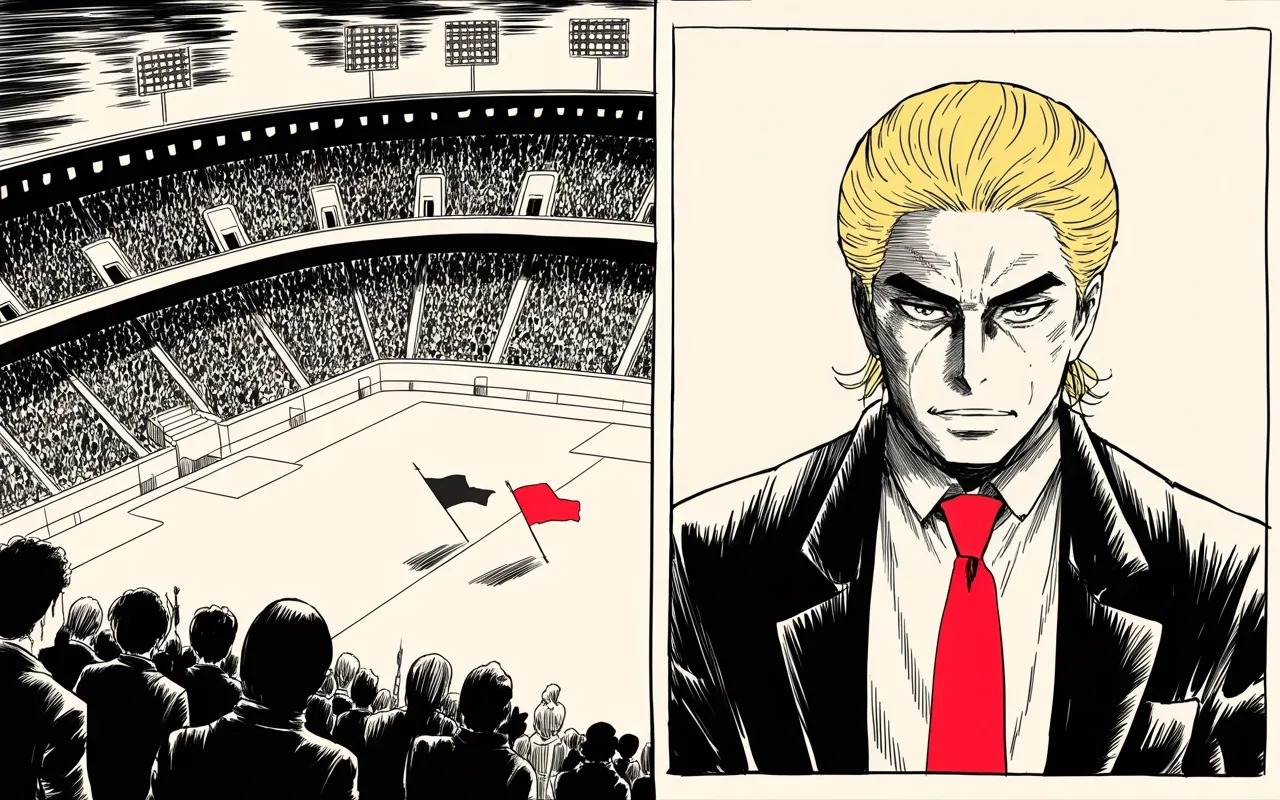 Manga panel 3 of 4, Week 223 “The Whistleblower”: In a packed stadium he stands with an allied leader before fifty thousand, and calls it a great day.