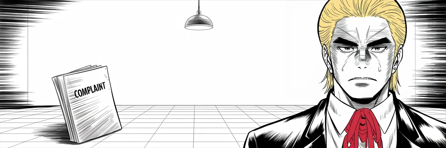 Manga panel 4 of 4, Week 223 “The Whistleblower”: He points at the corruption he says nobody will look at, while the folder on the floor goes unmentioned.