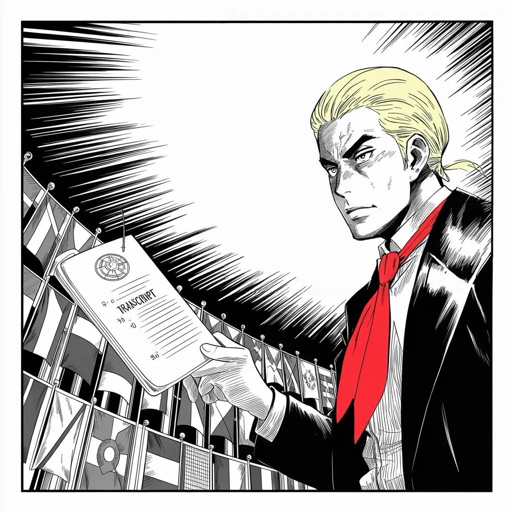 Manga panel 2 of 5, Week 224 “The Whistleblower”: From the hall of nations he does the thing nobody expects: he orders the call itself released, unredacted.