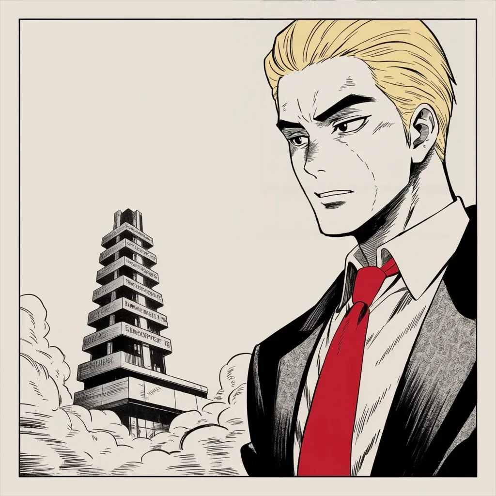 Manga panel 3 of 5, Week 225 “The Inquiry”: He holds up the lowest jobless number in fifty years and asks whether that, too, is impeachable.