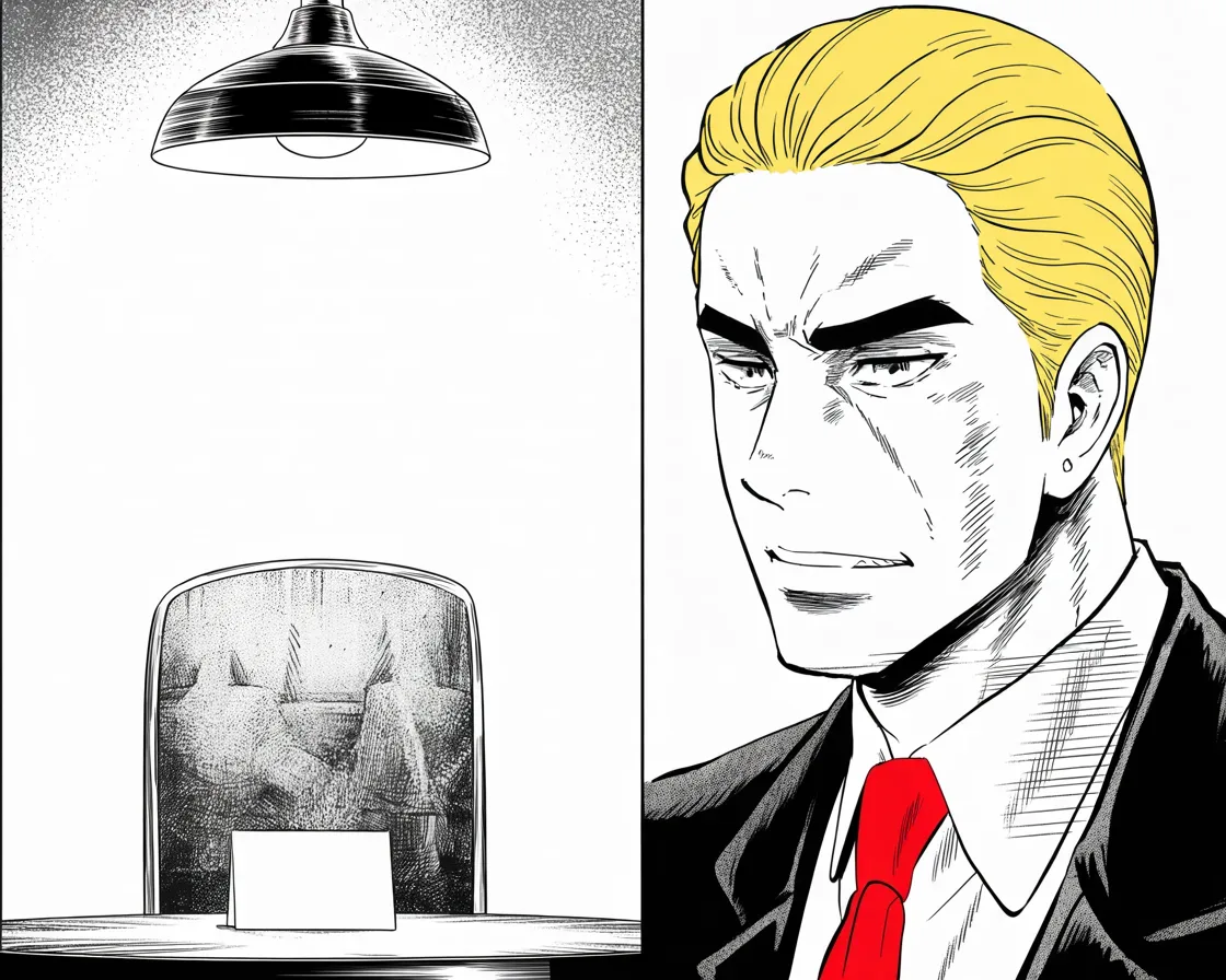 Manga panel 2 of 4, Week 226 “The Inquiry”: He turns the inquiry back on his accusers with a two-word question he will repeat for months.