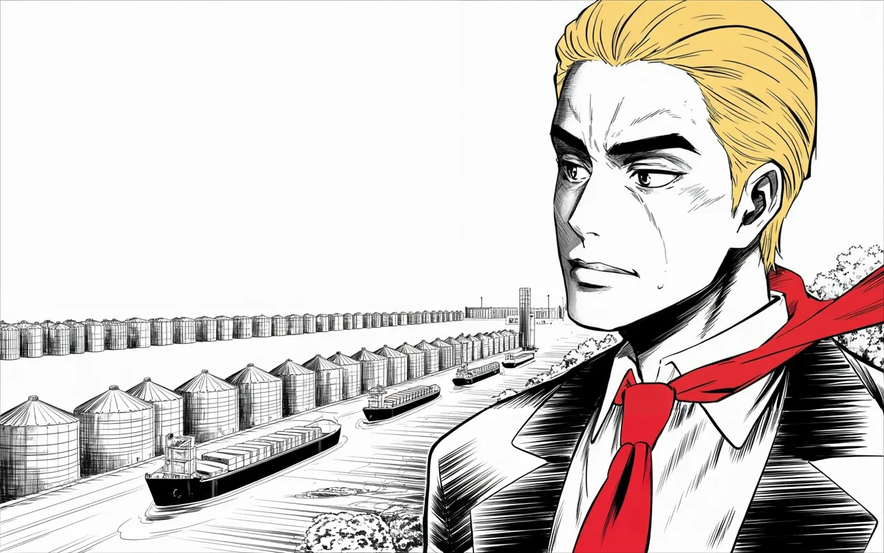Manga panel 3 of 4, Week 226 “The Inquiry”: He announces a farm deal with the east that he calls the biggest ever made.