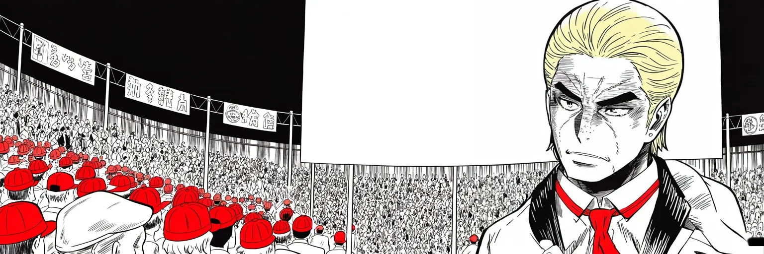 Manga panel 4 of 4, Week 226 “The Inquiry”: And he takes it to an arena, where the answer to all of it is two words: America First.